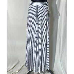 Robert Louis Long Silky Skirt, Blue and White Stripe, Faux Button Front, Small